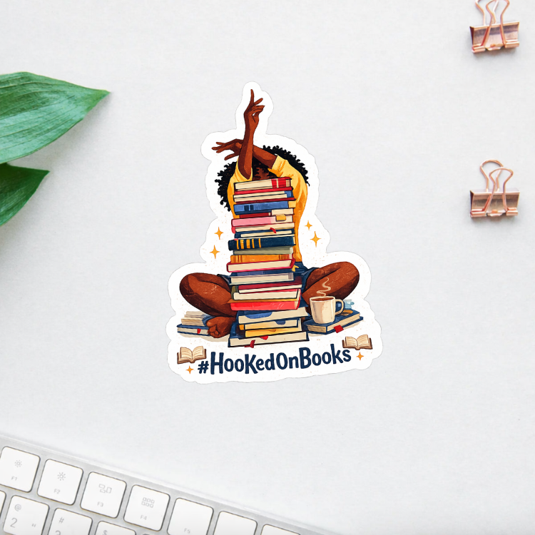 Hooked On Books Sticker | Black Girl Reading Vinyl Decal | Book Stack Reader Aesthetic | Booktok Bookworm Gift | Laptop Sticker