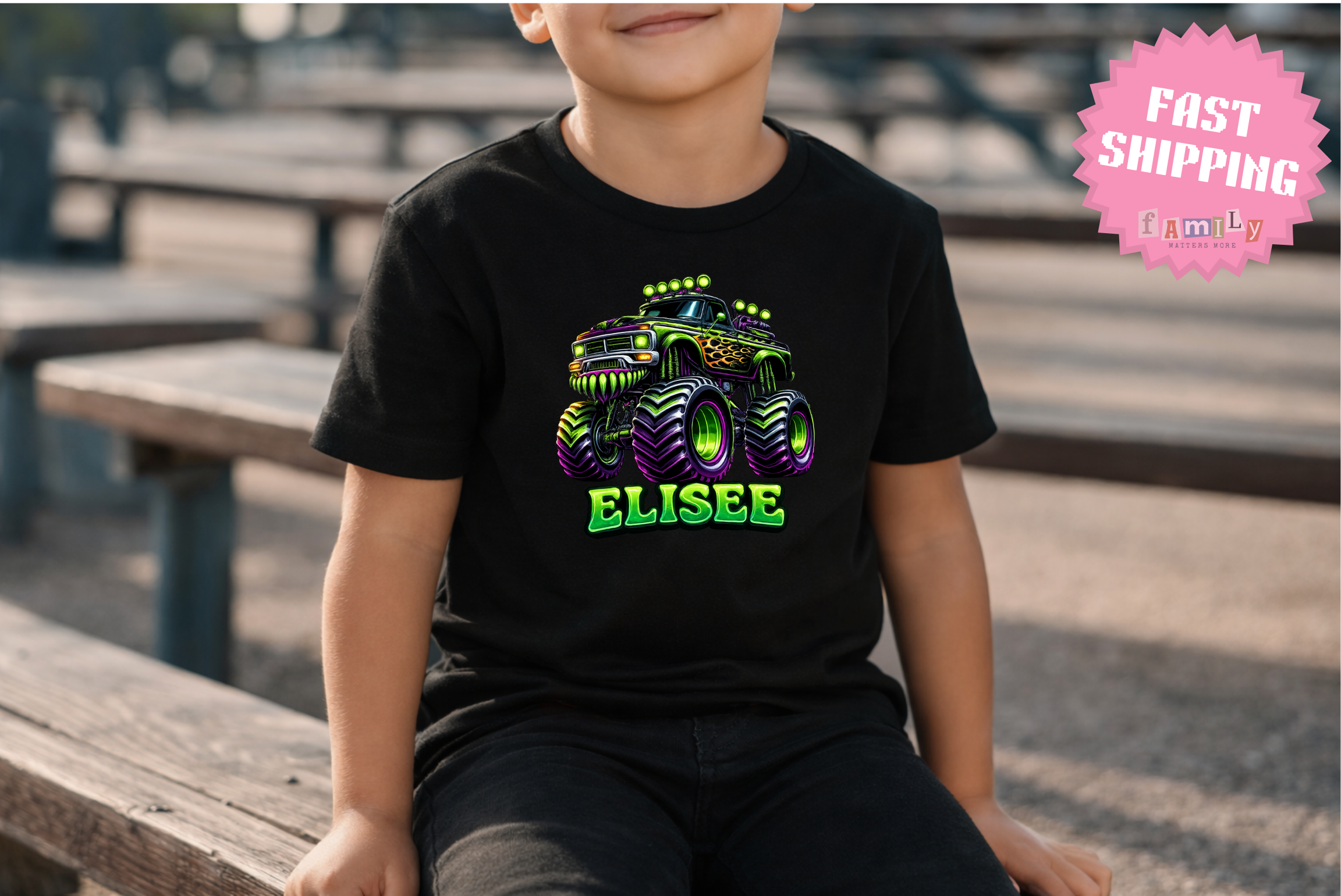 Custom Name Monster Truck Toddler T-Shirt, Personalized Boys Monster Truck Tee, Green and Purple Truck Kids Shirt, Custom Birthday Gift