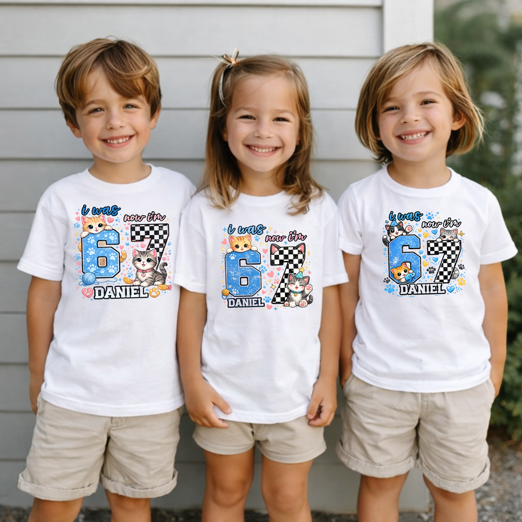 Personalized Funny 7th Birthday Kid Name Shirt, I Was 6 Now I’m 7 Kids Tee, 67 Shirt, 6 7 Birthday Boy, Gift For Cat Lovers, Six Seven Tee