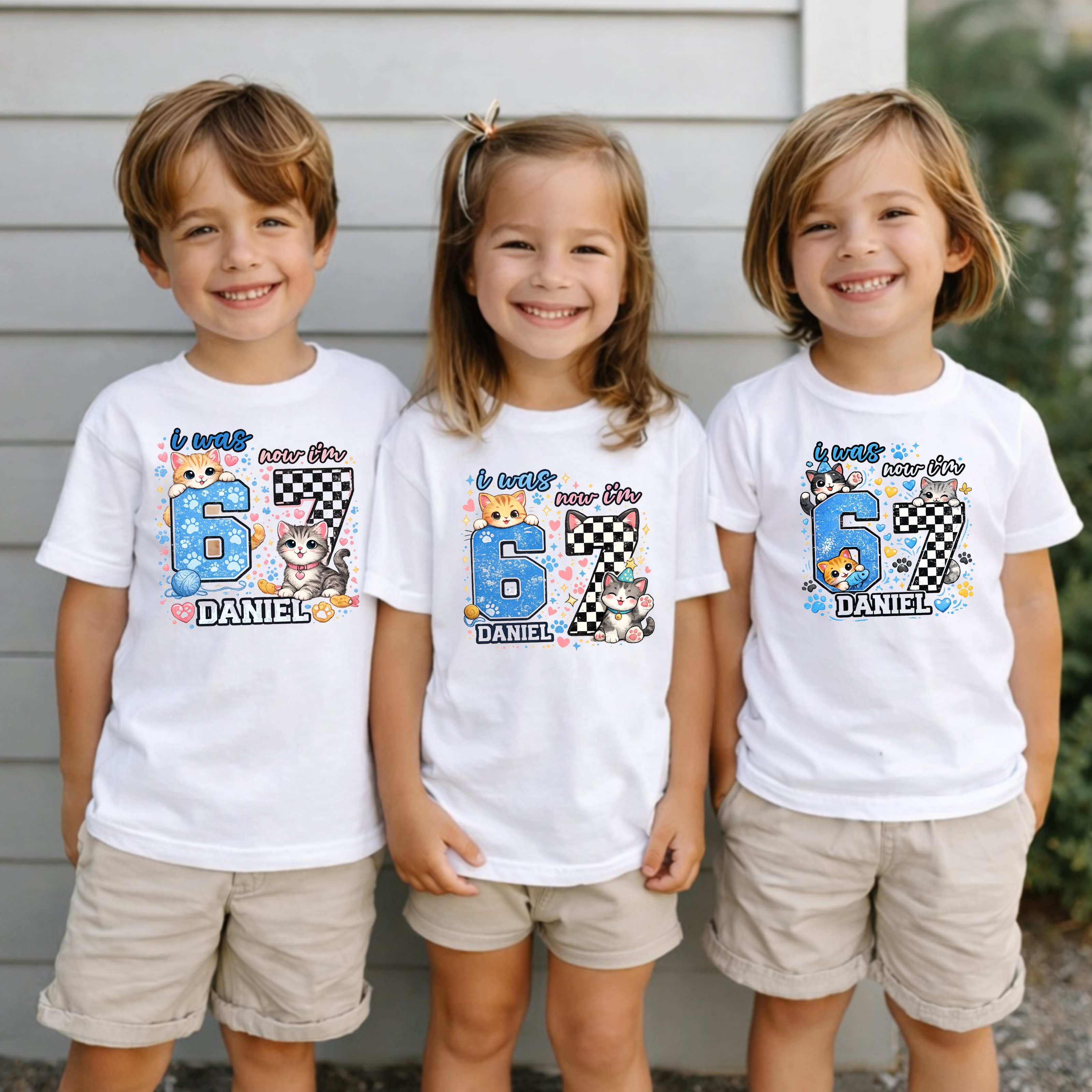Personalized Funny 7th Birthday Kid Name Shirt, I Was 6 Now I’m 7 Kids Tee, 67 Shirt, 6 7 Birthday Boy, Gift For Cat Lovers, Six Seven Tee