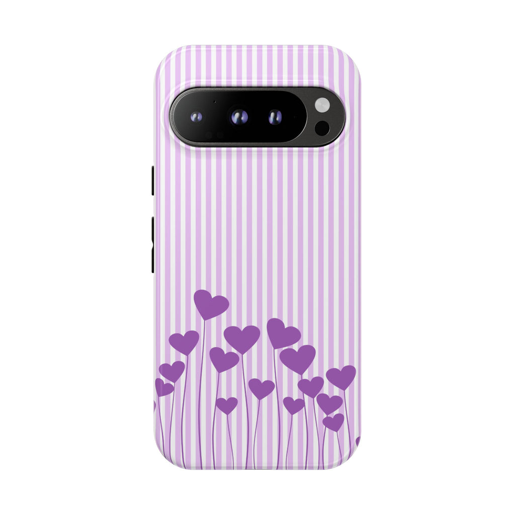 Galentines Day Striped hearts phone case, Purple Heart Floral Stripe Iphone case | Tough Cases - Iphone, Samsung and Pixel Mobile cases