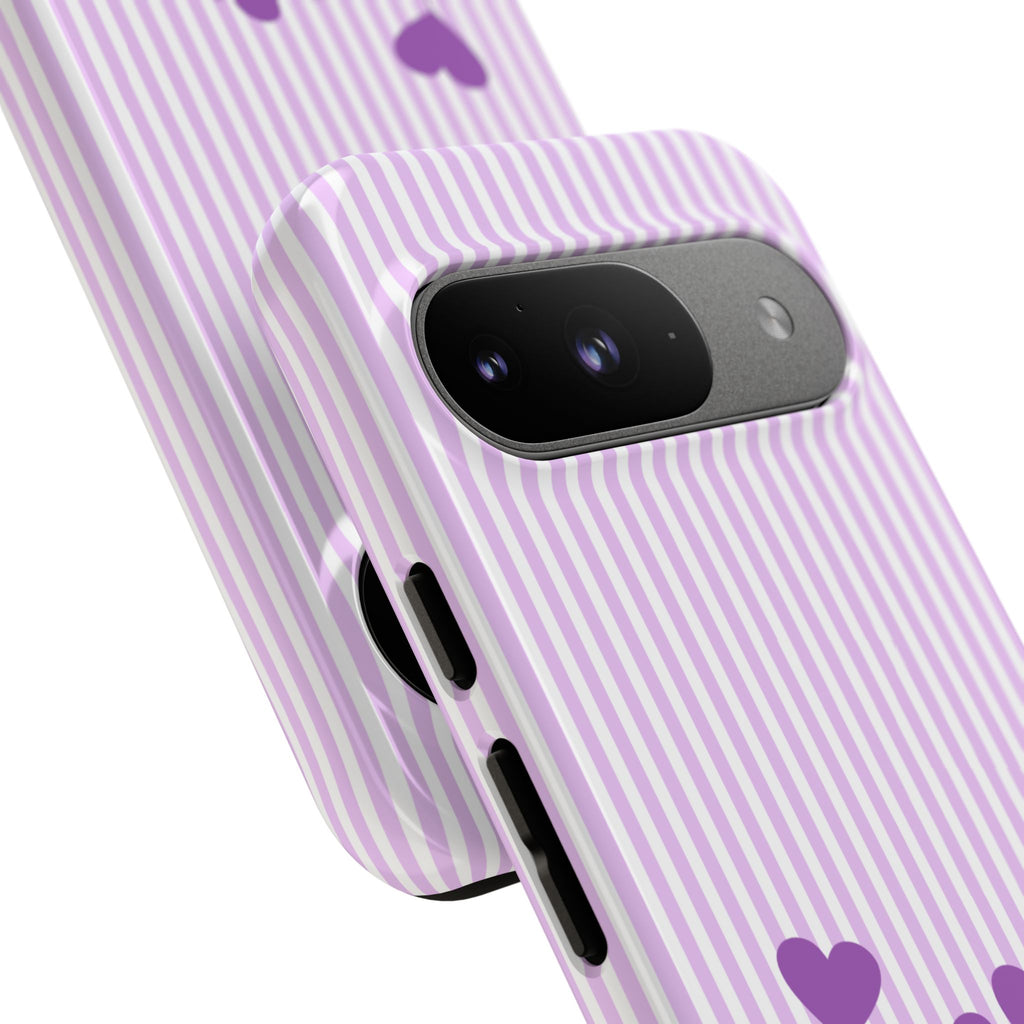 Galentines Day Striped hearts phone case, Purple Heart Floral Stripe Iphone case | Tough Cases - Iphone, Samsung and Pixel Mobile cases