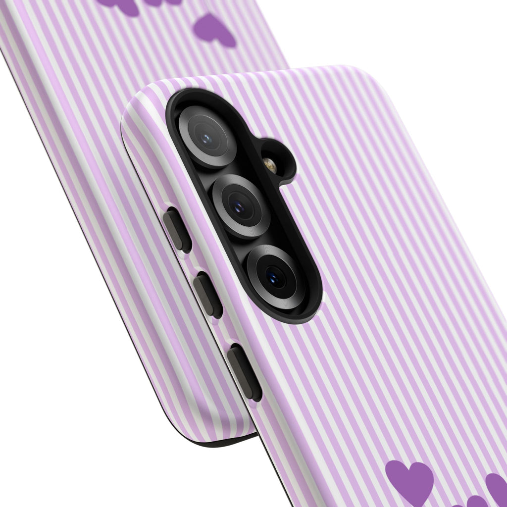 Galentines Day Striped hearts phone case, Purple Heart Floral Stripe Iphone case | Tough Cases - Iphone, Samsung and Pixel Mobile cases