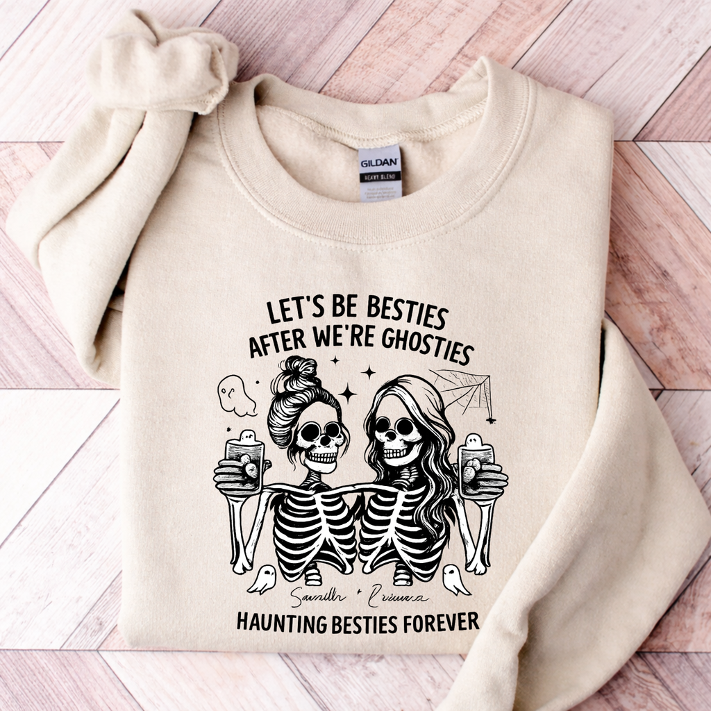 Let’s Be Besties After We’re Ghosties Sweatshirt, Funny Best Friend Gift, Spooky Cute Friendship Crewneck, Bestie Forever Skeleton Sweatshirt, Matching BFF Pullover