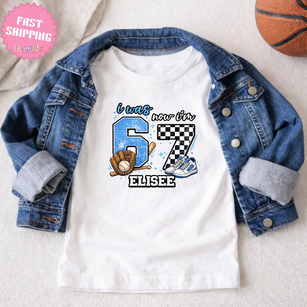 I Was 6 Now I’m 7 Baseball Birthday Shirt, Personalized Name 7th Birthday Boy Tee, Youth Sports custom name shirt, Custom Age