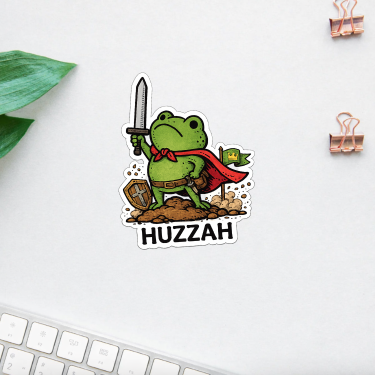 Huzzah Frog With Sword Sticker | Funny Medieval Frog Vinyl Decal | Fantasy Knight Humor | Cute Frog Sticker for Laptop Bottle