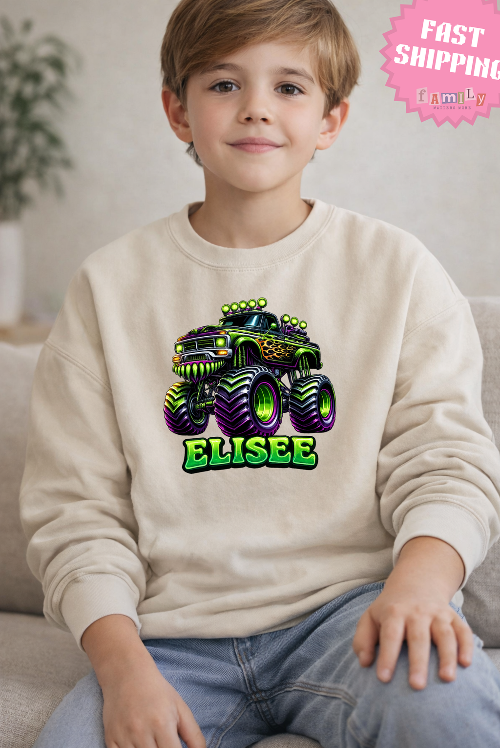 Custom Name Monster Truck Toddler T-Shirt, Personalized Boys Monster Truck Tee, Green and Purple Truck Kids Shirt, Custom Birthday Gift