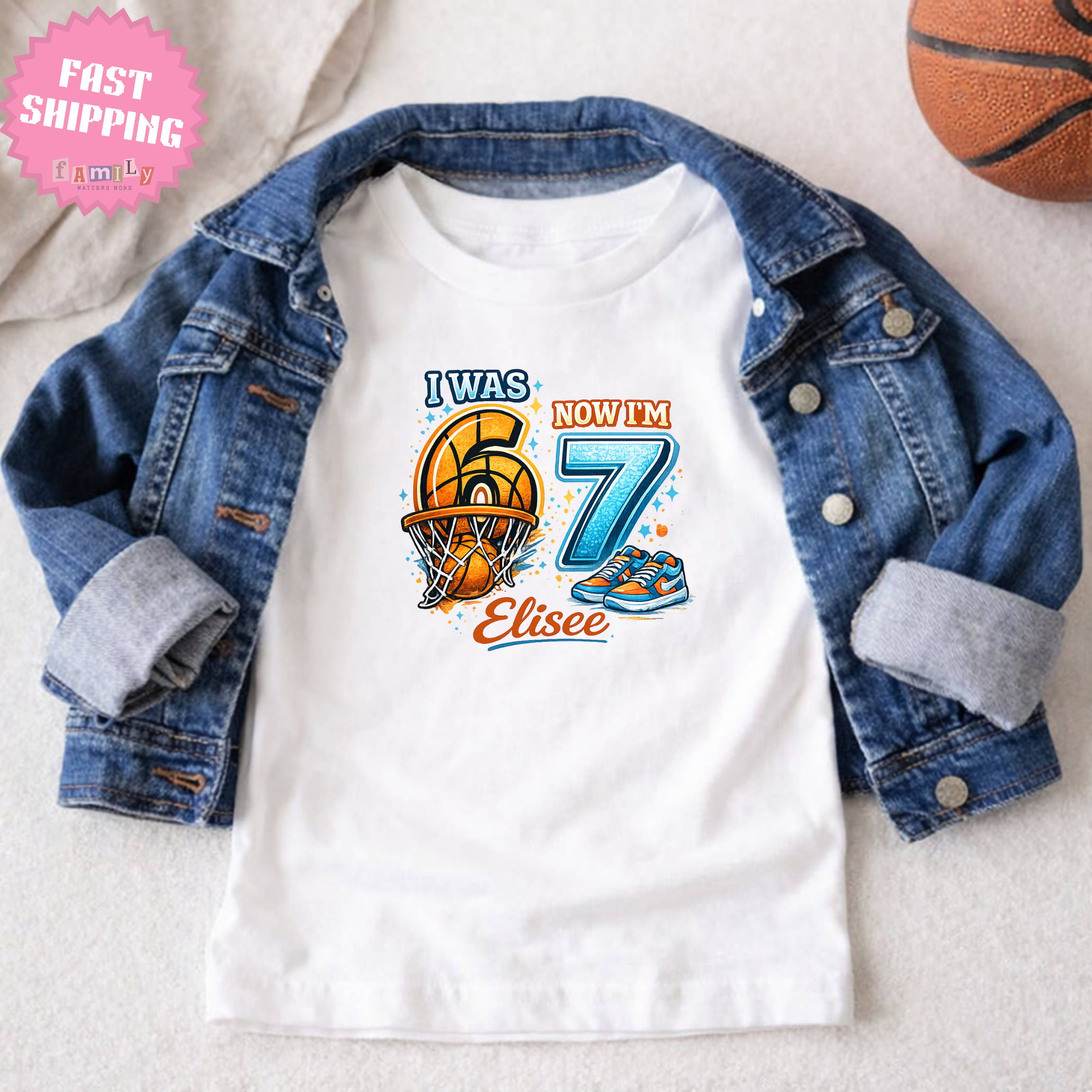 I Was 6 Now I’m 7 Basketball Birthday Shirt, Personalized Name 7th Birthday Boy Tee, Youth Kids Sports Party Gift, Custom Age, 6 7 Tshirt