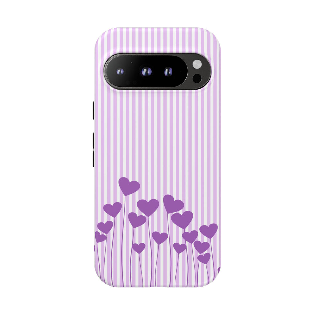 Galentines Day Striped hearts phone case, Purple Heart Floral Stripe Iphone case | Tough Cases - Iphone, Samsung and Pixel Mobile cases