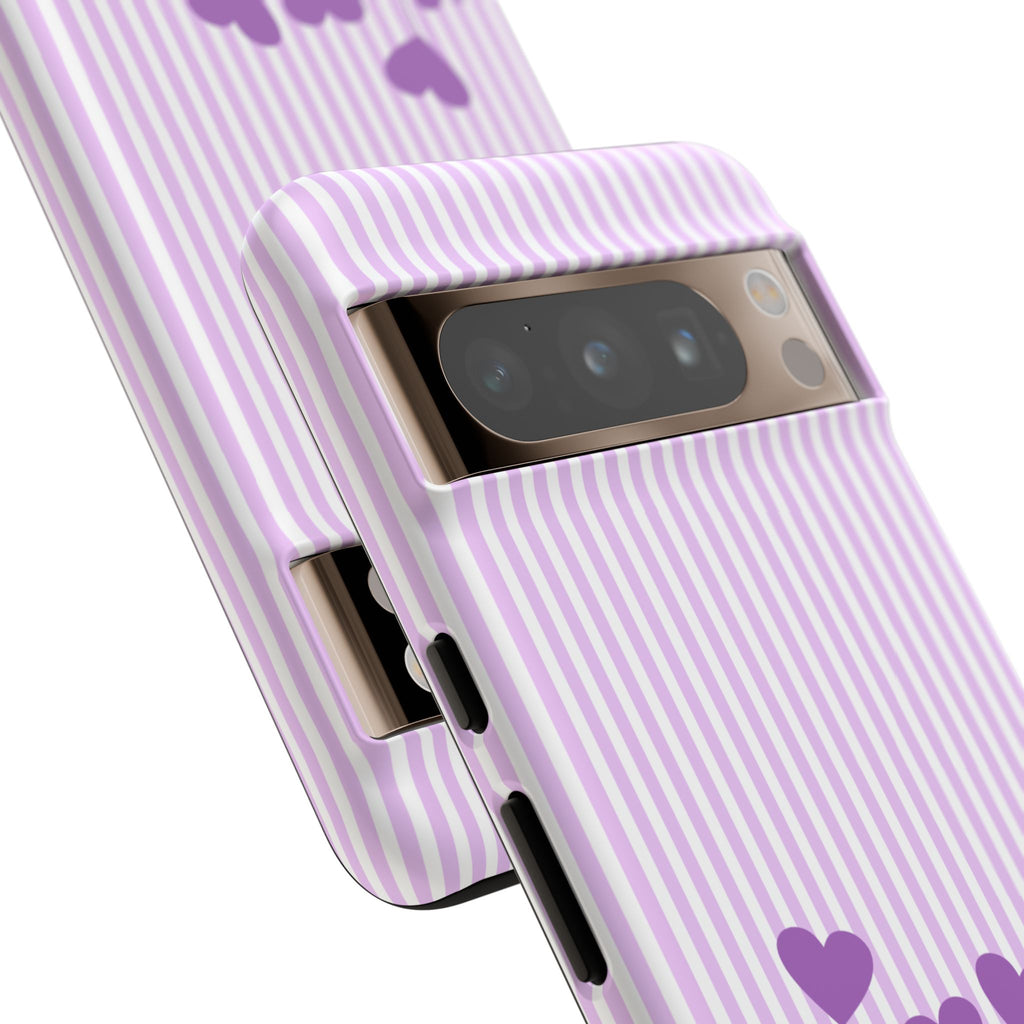 Galentines Day Striped hearts phone case, Purple Heart Floral Stripe Iphone case | Tough Cases - Iphone, Samsung and Pixel Mobile cases