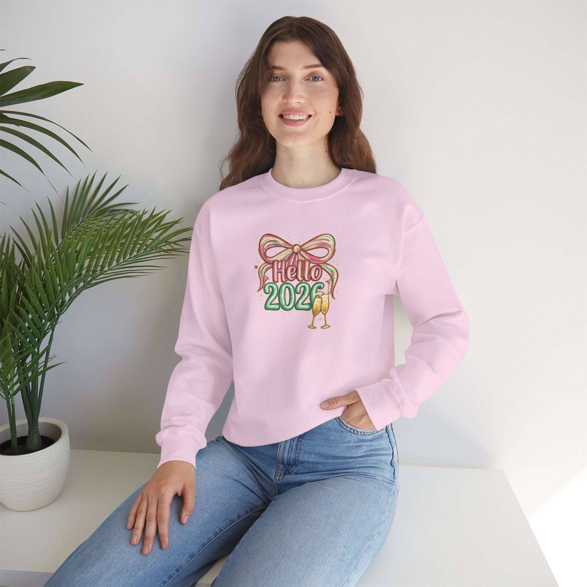 Hello 2026 Coquette Bow Sweatshirt Hoodie, Champagne Toast New Year Gift, Unisex Adult & Youth Crewneck, NYE Party Outfit