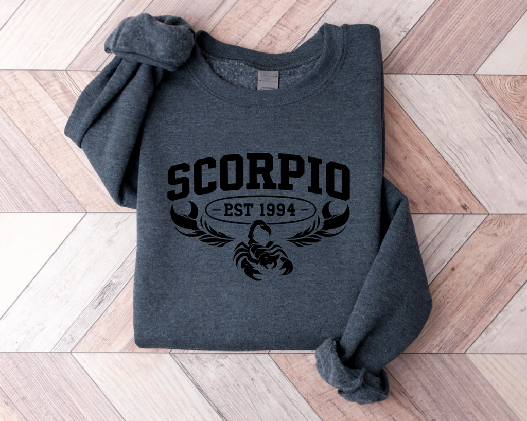Scorpio Sweatshirt Hoodie, Custom Birth Year “EST 1994” Scorpio Crewneck, Unisex Zodiac Astrology Gift, Scorpio Birthday Present for Her Him, November October