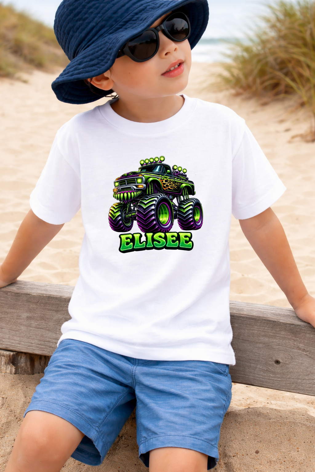 Custom Name Monster Truck Toddler T-Shirt, Personalized Boys Monster Truck Tee, Green and Purple Truck Kids Shirt, Custom Birthday Gift