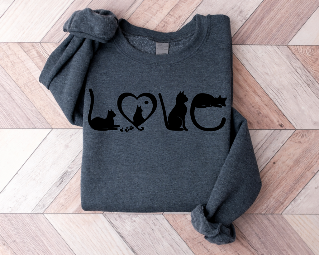 Cat Love Sweatshirt Hoodie, Black Cat Silhouette LOVE Crewneck, Cat Mom Gift, Cat Lover Sweater, Cute Minimal Cat Shirt, Unisex Cozy Pullover, Valentine Cat Gift