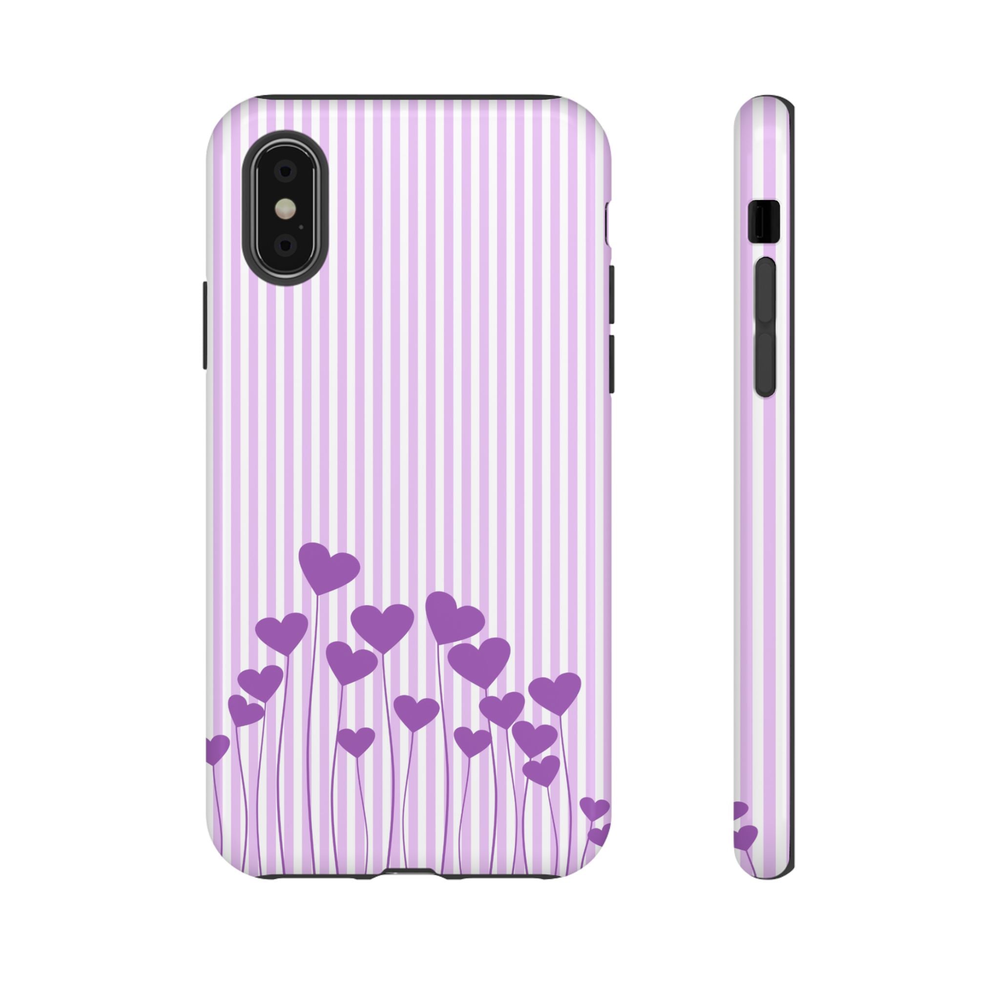 Galentines Day Striped hearts phone case, Purple Heart Floral Stripe Iphone case | Tough Cases - Iphone, Samsung and Pixel Mobile cases