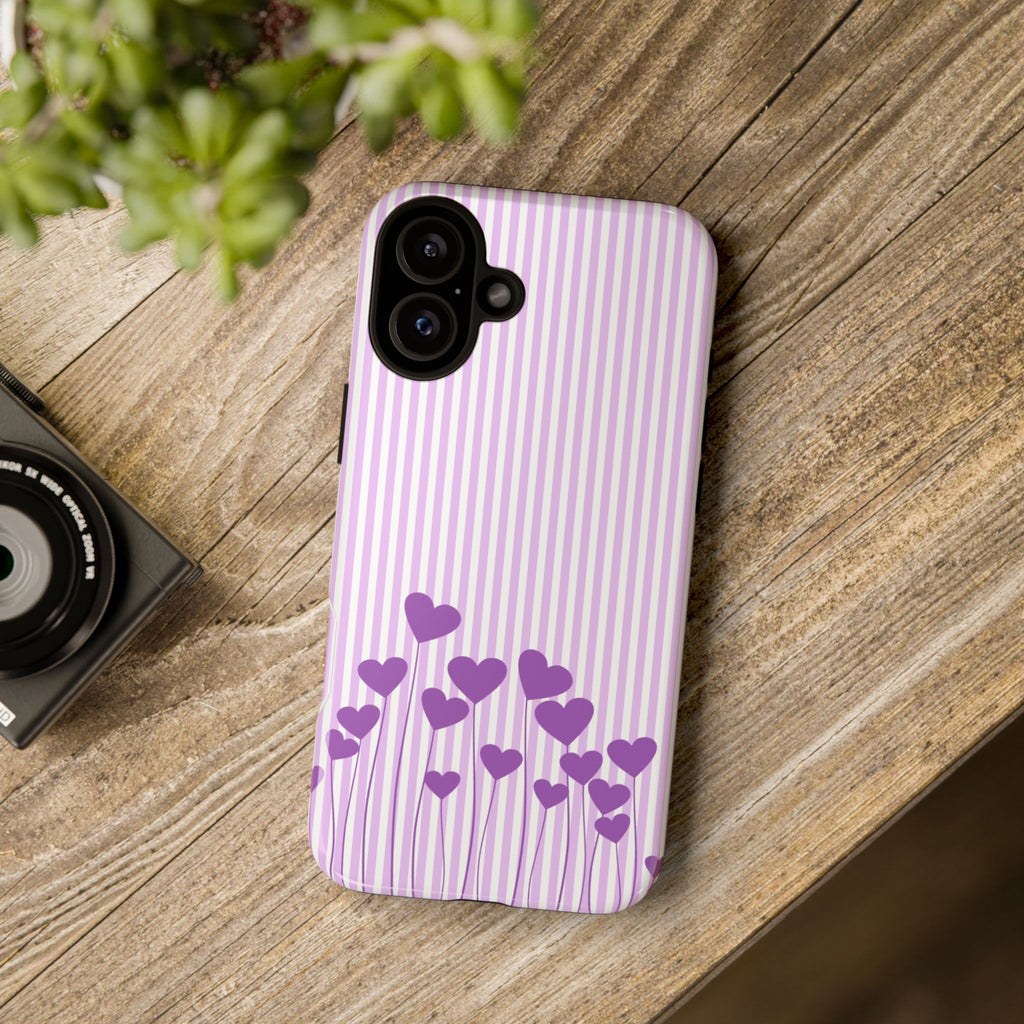 Galentines Day Striped hearts phone case, Purple Heart Floral Stripe Iphone case | Tough Cases - Iphone, Samsung and Pixel Mobile cases
