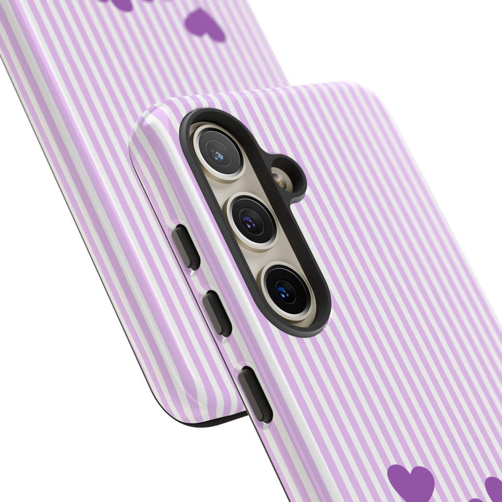 Galentines Day Striped hearts phone case, Purple Heart Floral Stripe Iphone case | Tough Cases - Iphone, Samsung and Pixel Mobile cases