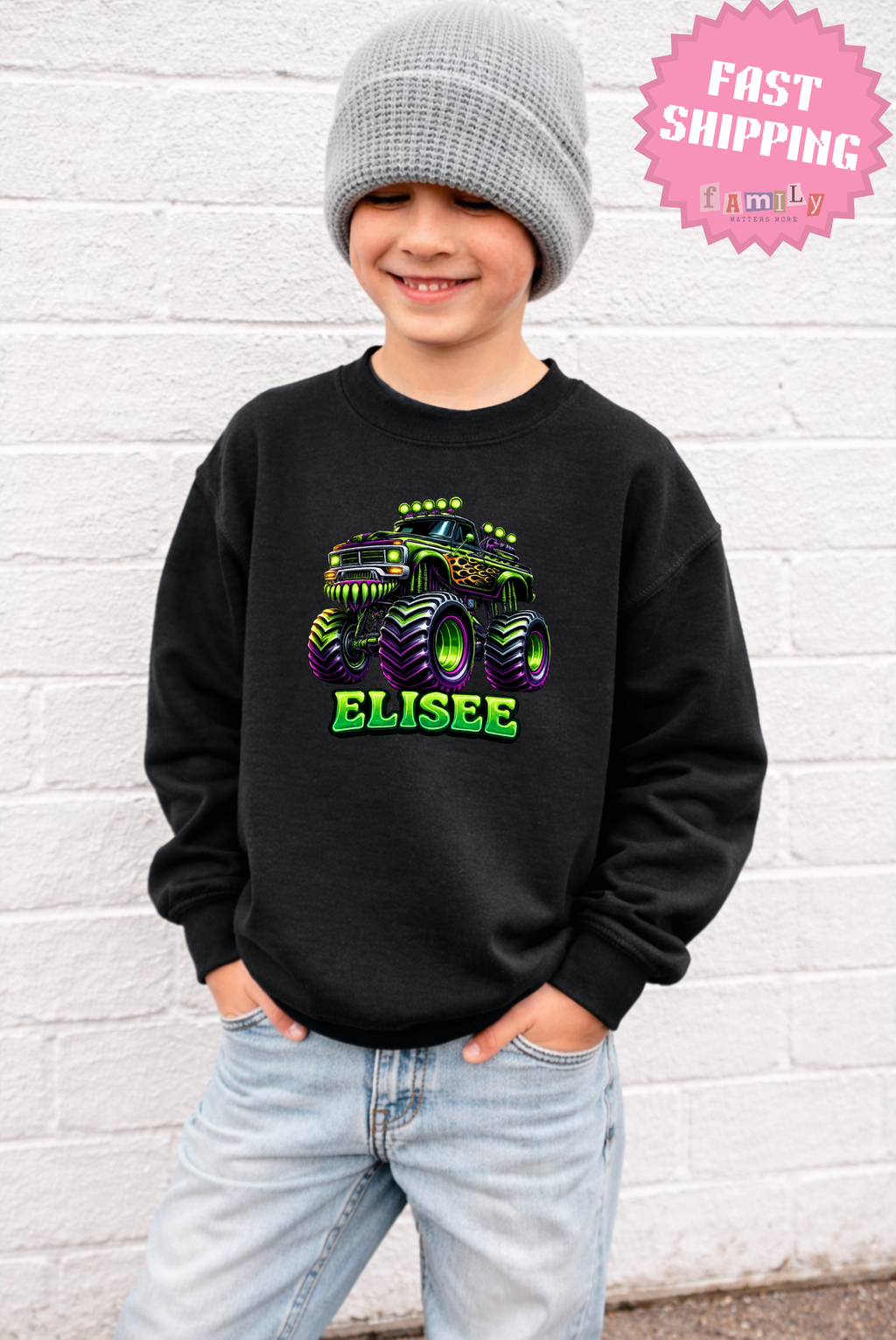 Custom Name Monster Truck Toddler T-Shirt, Personalized Boys Monster Truck Tee, Green and Purple Truck Kids Shirt, Custom Birthday Gift