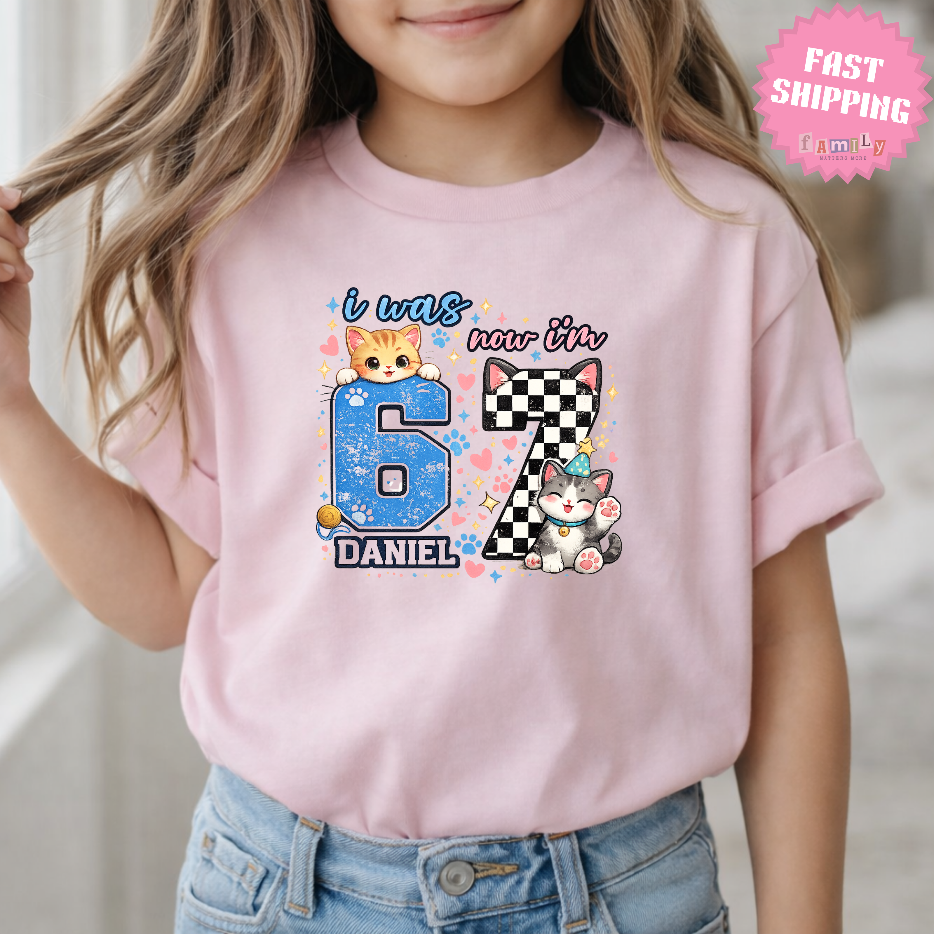 Personalized Funny 7th Birthday Kid Name Shirt, I Was 6 Now I’m 7 Girl Tee, 67 Shirt, 6 7 Birthday Girl, Gift For Cat Lovers, Six Seven Tee
