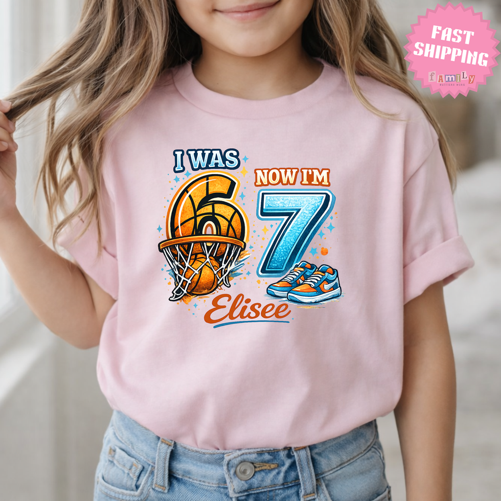 I Was 6 Now I’m 7 Basketball Birthday Shirt, Personalized Name 7th Birthday Boy Tee, Youth Kids Sports Party Gift, Custom Age, 6 7 Tshirt