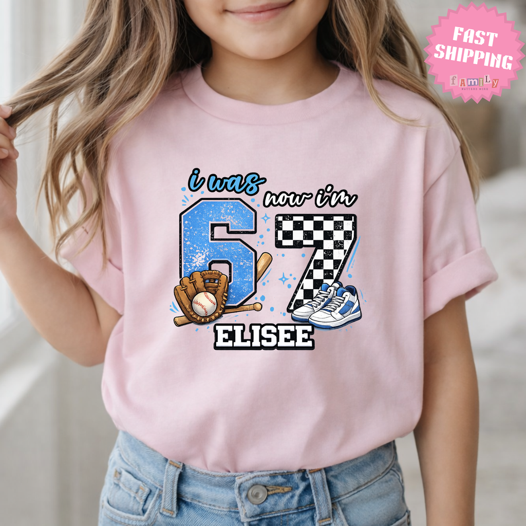 I Was 6 Now I’m 7 Baseball Birthday Shirt, Personalized Name 7th Birthday Boy Tee, Youth Sports custom name shirt, Custom Age