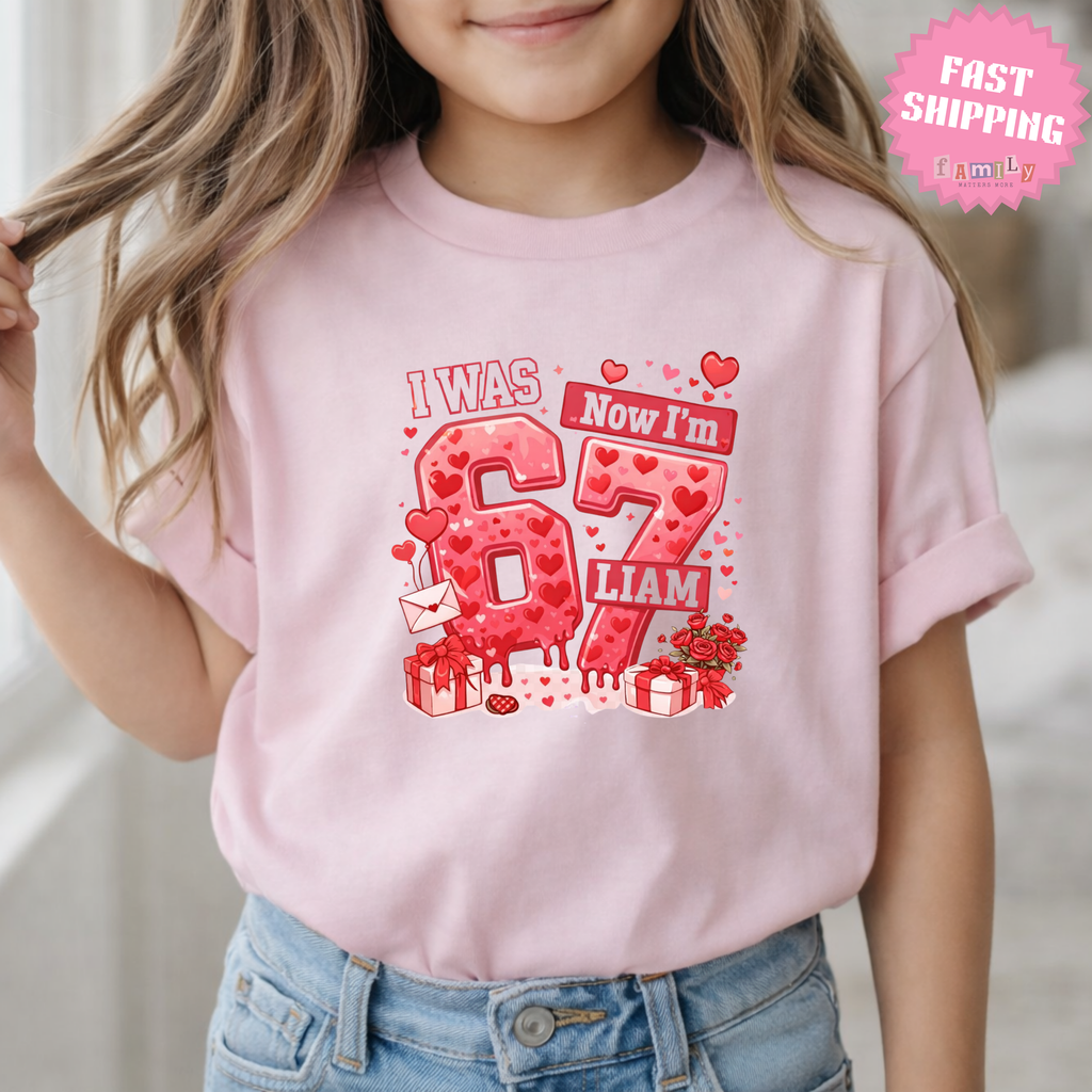 I Was 6 Now I’m 7 Valentines Birthday Shirt, Personalized Name 7th Birthday Valentines Day Tee, Matching Kids Tee, Galentines day gift