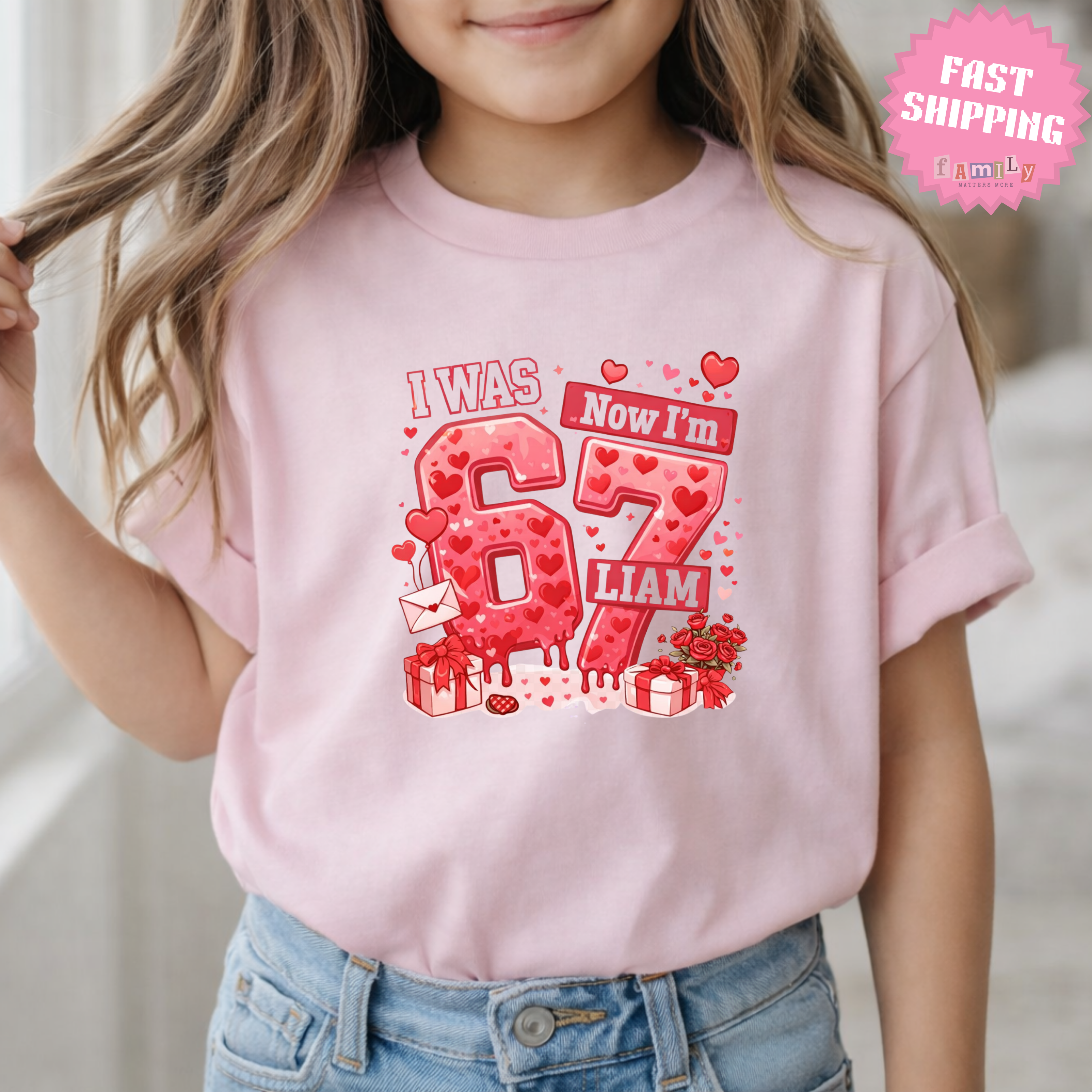 I Was 6 Now I’m 7 Valentines Birthday Shirt, Personalized Name 7th Birthday Valentines Day Tee, Matching Kids Tee, Galentines day gift