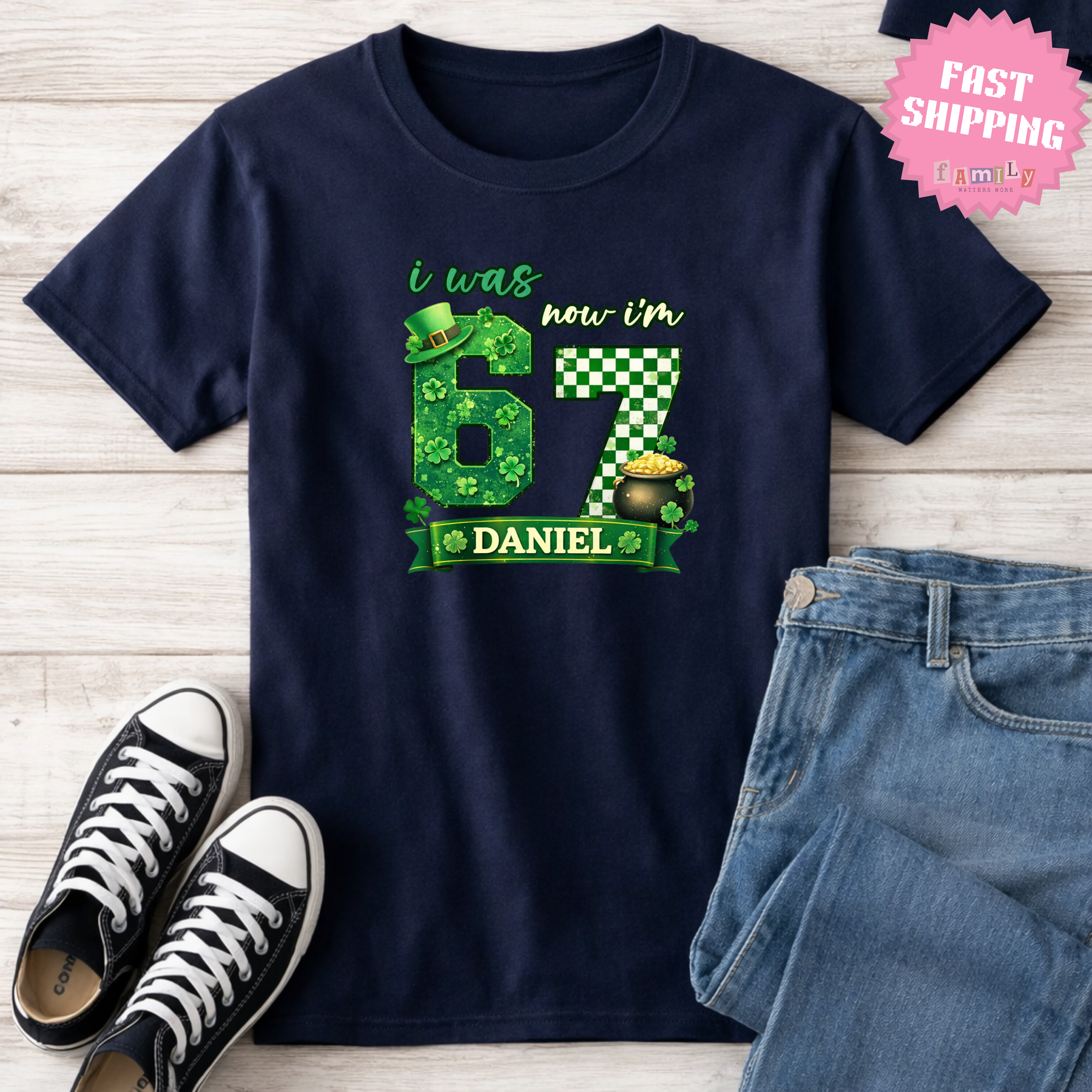 I Was 6 Now I’m 7 St. Patrick's Day Shirt, Personalized Name 7th Birthday Boy Tee, Youth Kids Sports Party Gift, Custom Age