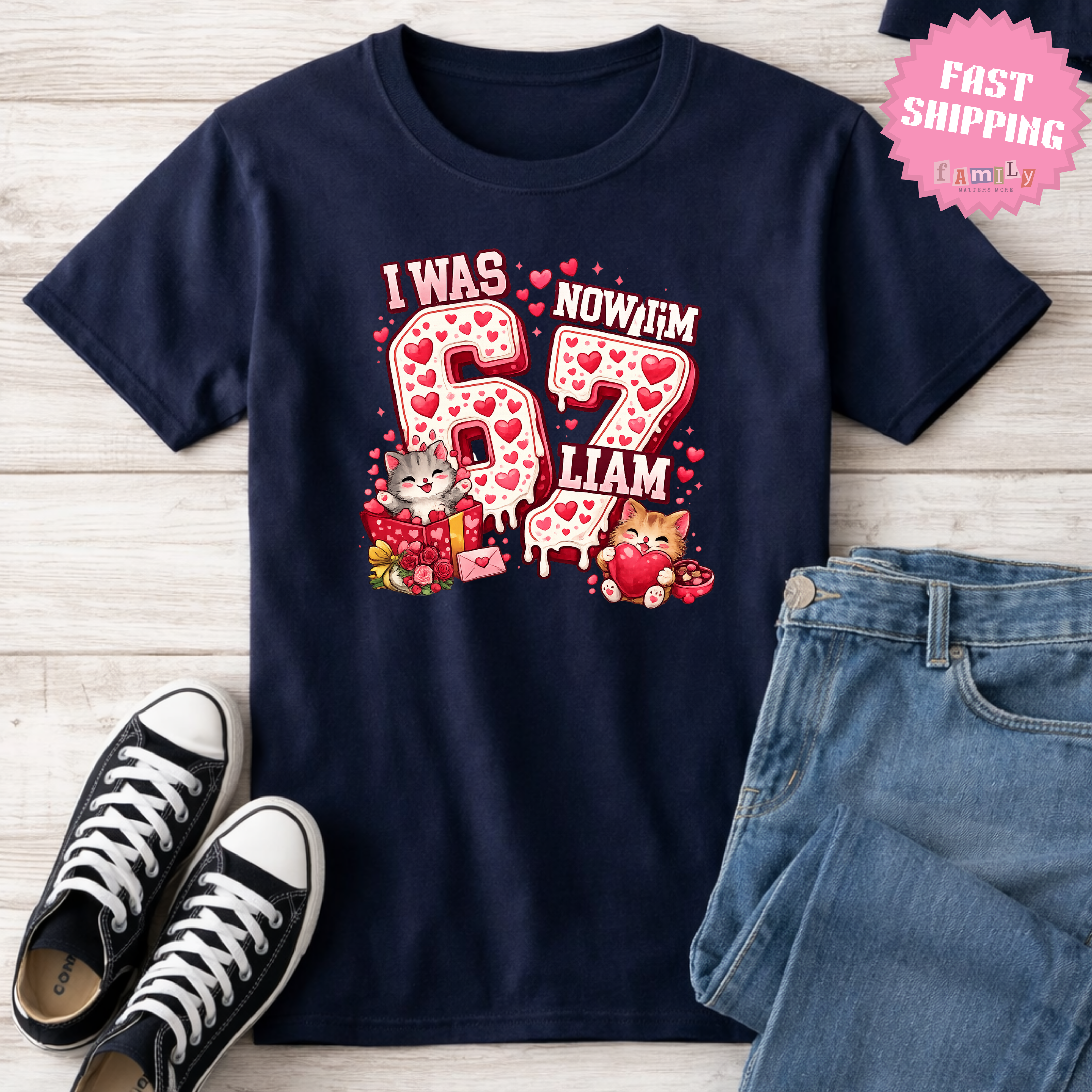 I Was 6 Now I’m 7 Valentines Birthday Shirt, Personalized Name 7th Birthday Valentines Day Tee, Matching Kids Tee, Galentines day gift