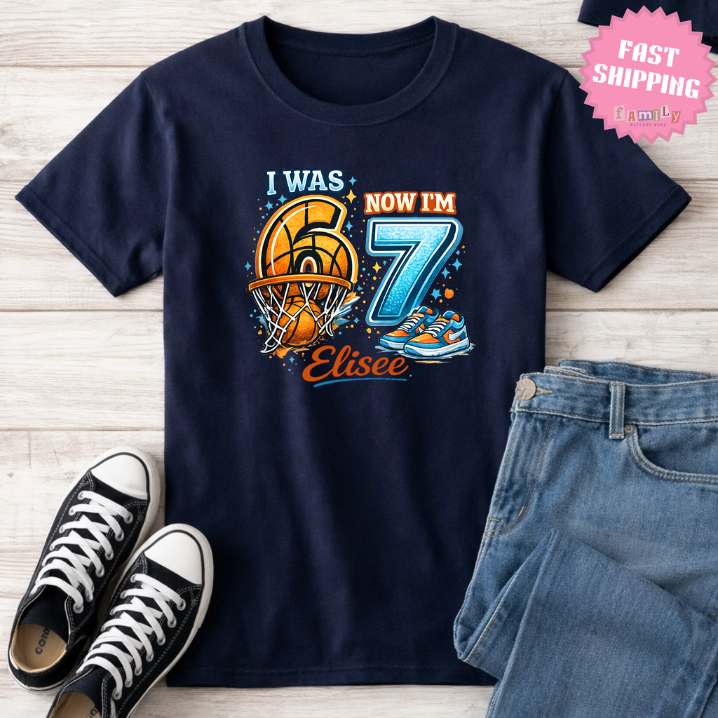 I Was 6 Now I’m 7 Basketball Birthday Shirt, Personalized Name 7th Birthday Boy Tee, Youth Kids Sports Party Gift, Custom Age, 6 7 Tshirt