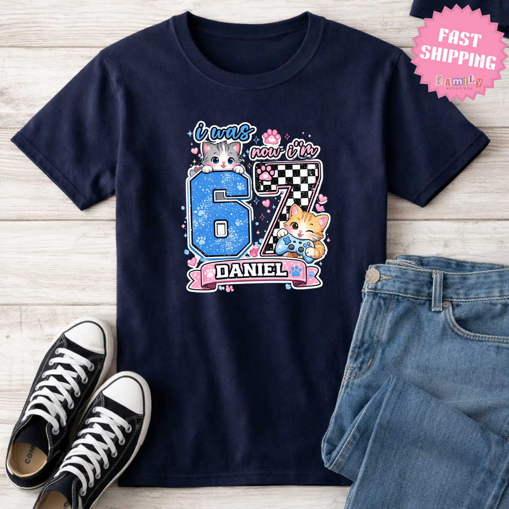 Personalized Funny 7th Birthday Kid Name Shirt, I Was 6 Now I’m 7 Kids Tee, 67 Shirt, 6 7 Birthday Boy, Gift For Cat Lovers, Six Seven Tee