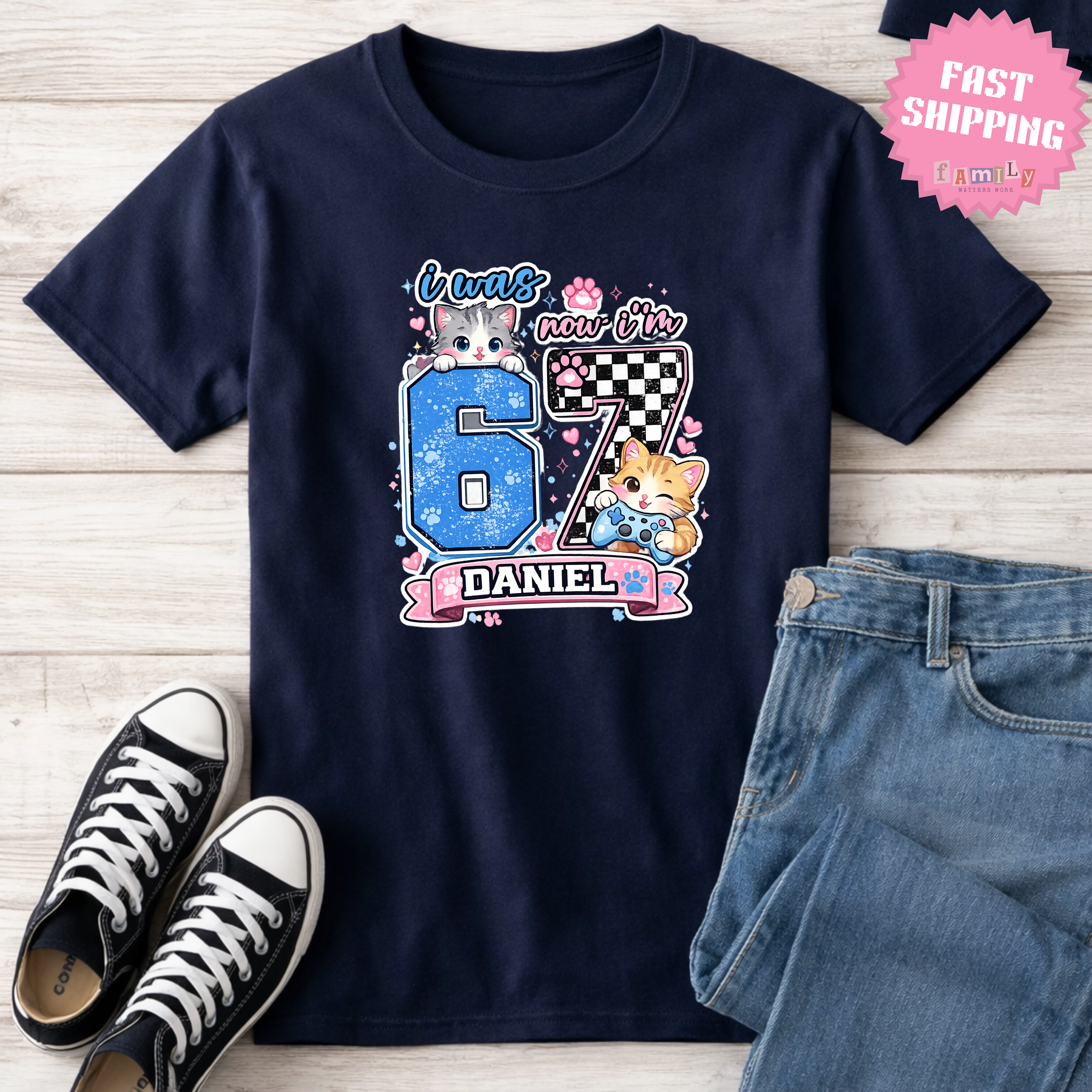 Personalized Funny 7th Birthday Kid Name Shirt, I Was 6 Now I’m 7 Kids Tee, 67 Shirt, 6 7 Birthday Boy, Gift For Cat Lovers, Six Seven Tee