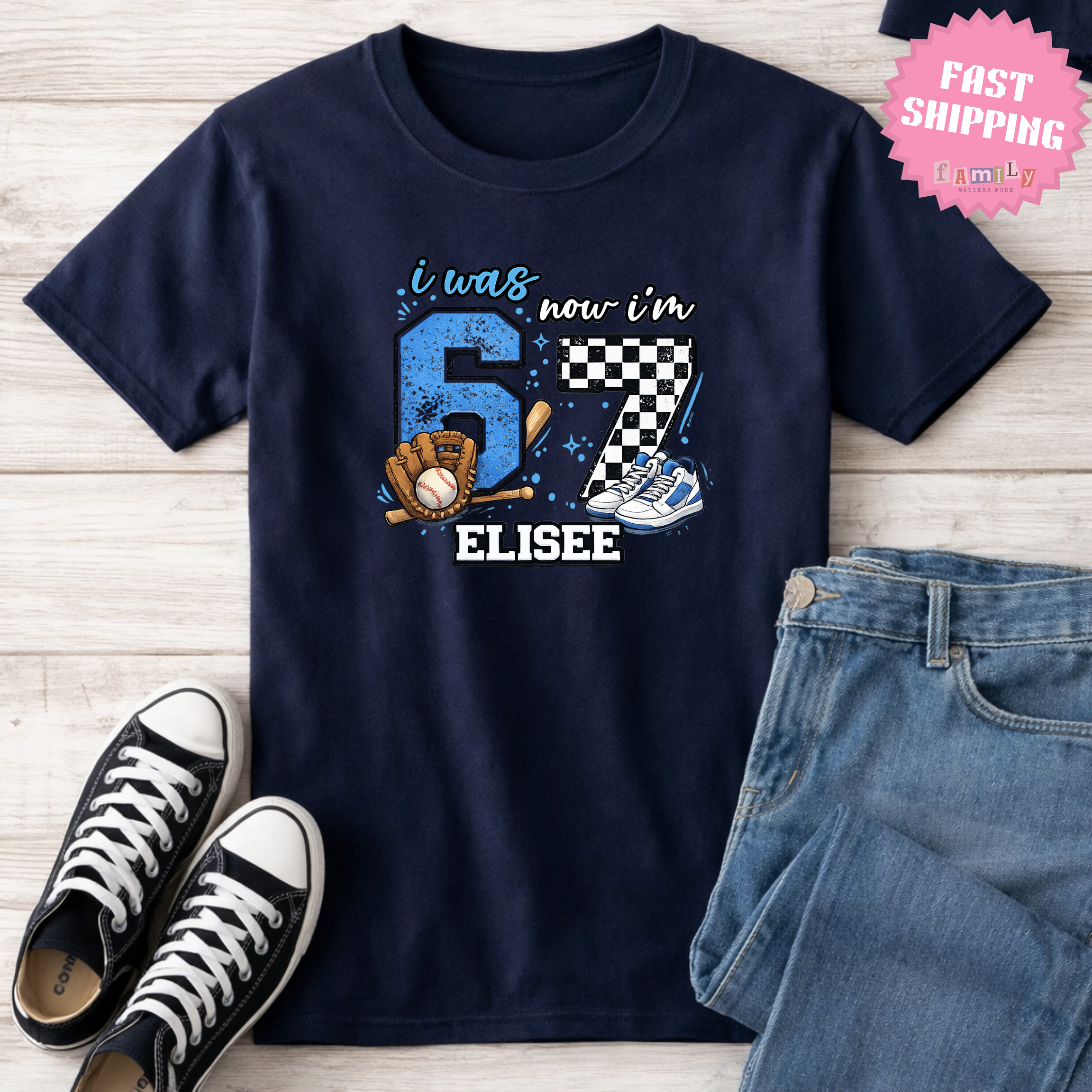 I Was 6 Now I’m 7 Baseball Birthday Shirt, Personalized Name 7th Birthday Boy Tee, Youth Sports custom name shirt, Custom Age