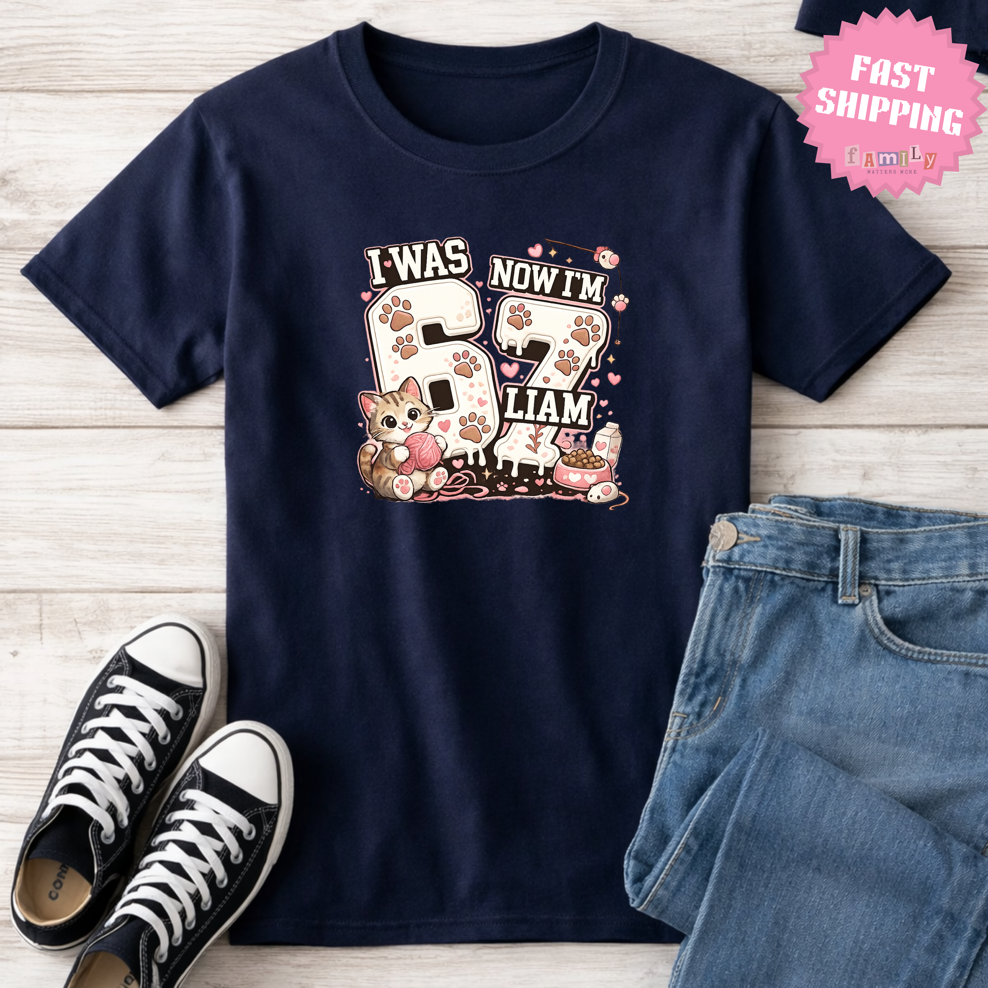 I Was 6 Now I’m 7 Cat lover Birthday Shirt, Personalized Name 7th Birthday Valentines Day Tee, Youth Kids Pet Party Gift, Custom Age