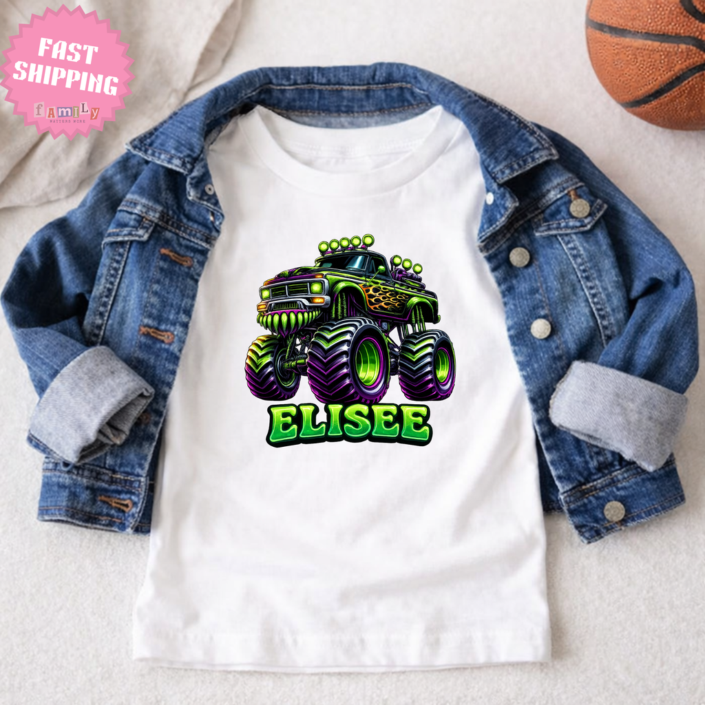 Custom Name Monster Truck Toddler T-Shirt, Personalized Boys Monster Truck Tee, Green and Purple Truck Kids Shirt, Custom Birthday Gift
