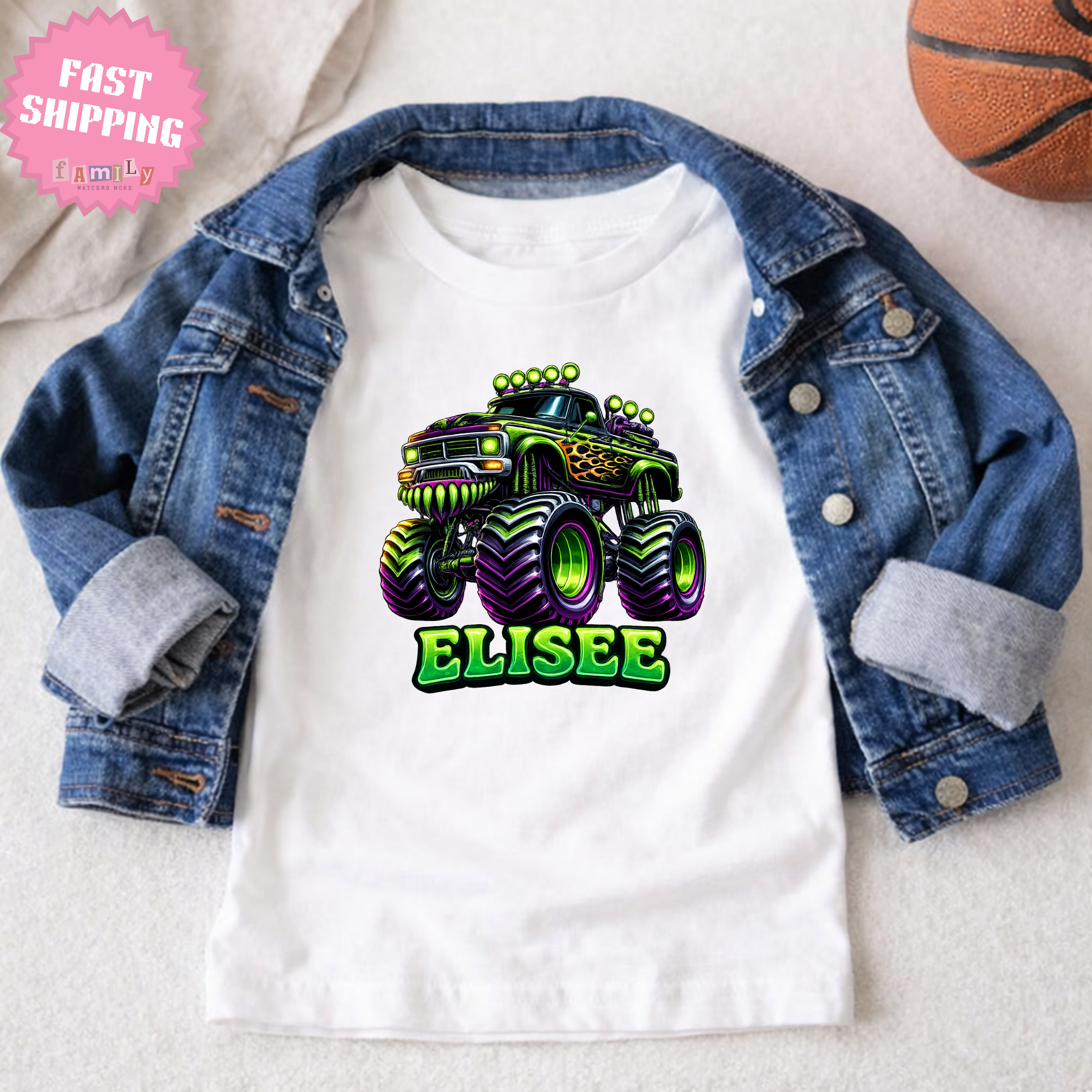 Custom Name Monster Truck Toddler T-Shirt, Personalized Boys Monster Truck Tee, Green and Purple Truck Kids Shirt, Custom Birthday Gift