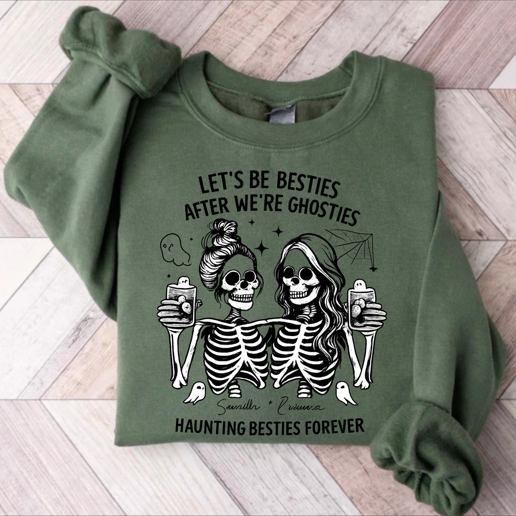 Let’s Be Besties After We’re Ghosties Sweatshirt, Funny Best Friend Gift, Spooky Cute Friendship Crewneck, Bestie Forever Skeleton Sweatshirt, Matching BFF Pullover