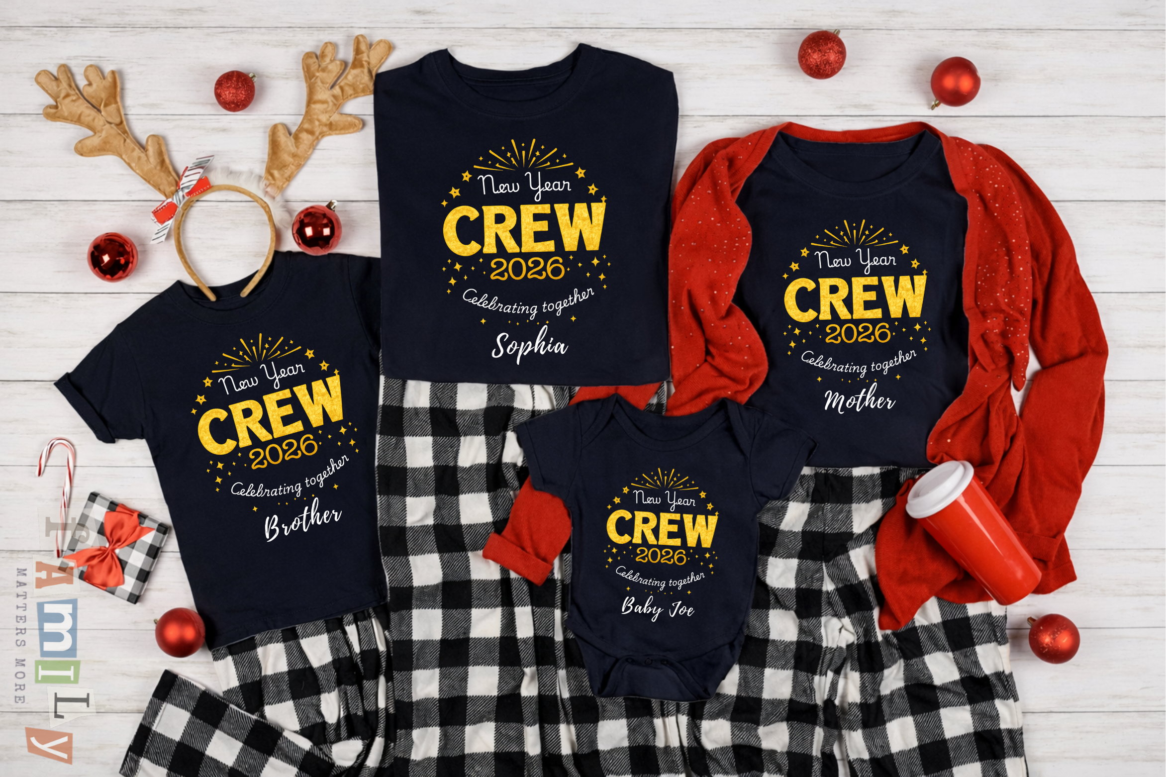 Custom 2026 New Year Family Crew Shirts, Personalized Names, Matching Holiday Tee for Christmas & New Year’s Eve