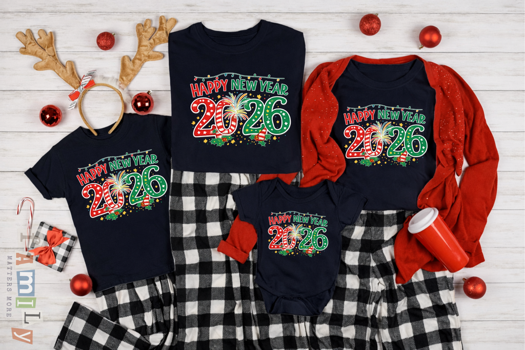 Happy New Year 2026 Family Shirts, Christmas Theme Matching Tees, Mom Dad Kids, Holiday NYE Outfit, Unisex
