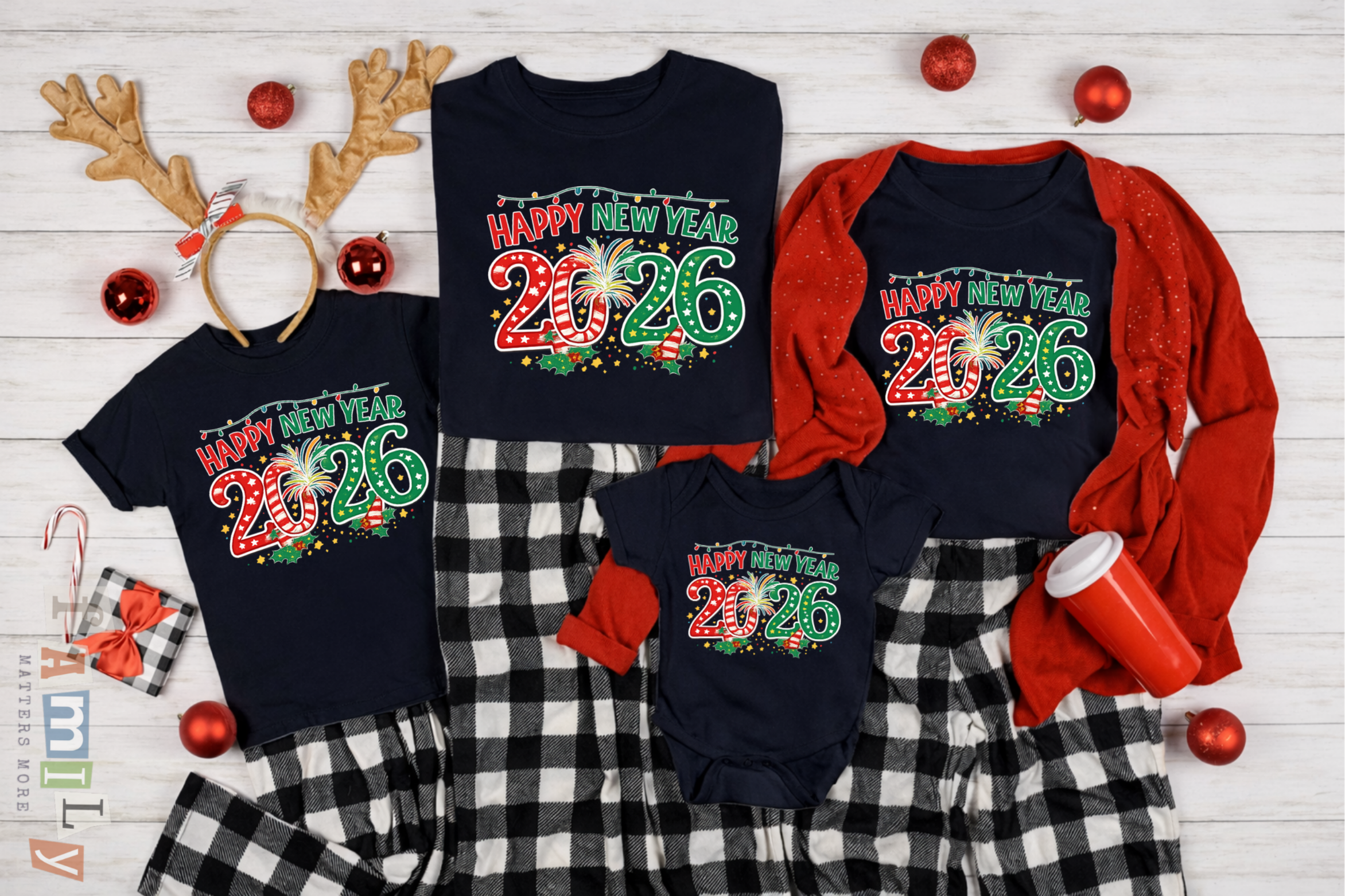 Happy New Year 2026 Family Shirts, Christmas Theme Matching Tees, Mom Dad Kids, Holiday NYE Outfit, Unisex