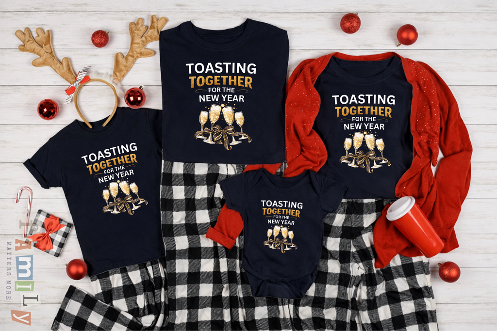 Toasting Together New Year Family Shirts, Matching New Years Eve Pajama Tops, Champagne Toast Outfit, Unisex Adult Youth Tee