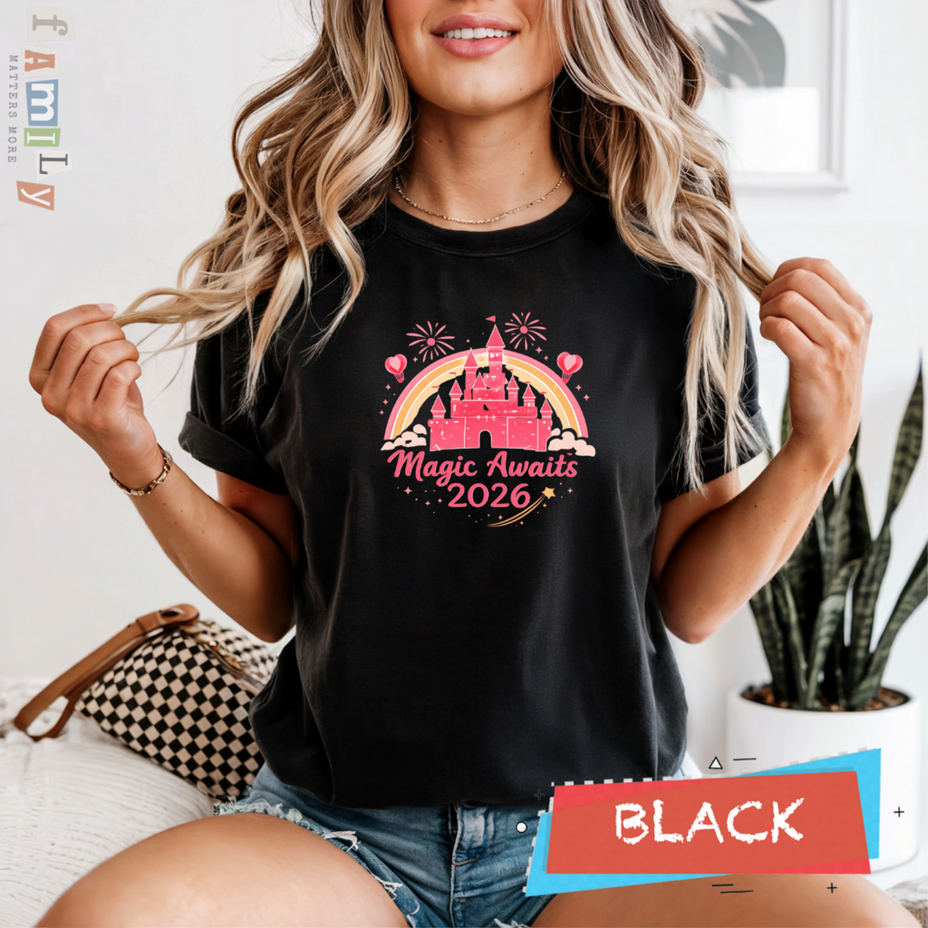 Magic Awaits 2026 Family Matching Shirts, Castle Fireworks Vacation Tees, Unisex Adult Youth Toddler Baby, Park Trip Outfit