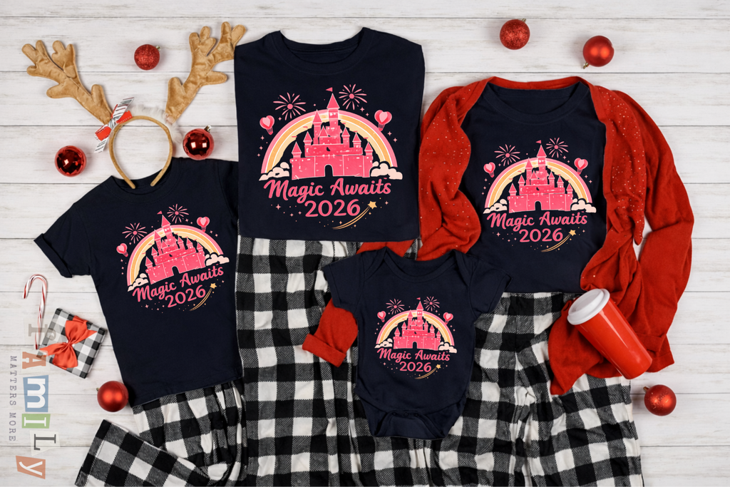 Magic Awaits 2026 Family Matching Shirts, Castle Fireworks Vacation Tees, Unisex Adult Youth Toddler Baby, Park Trip Outfit