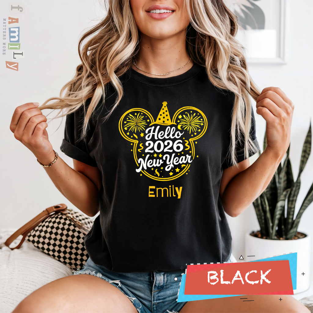 Hello 2026 Mouse Ears Family Shirts, Personalized New Year Matching Tees, Custom Mommy Daddy Sister Brother Baby, Unisex Adult Youth Toddler