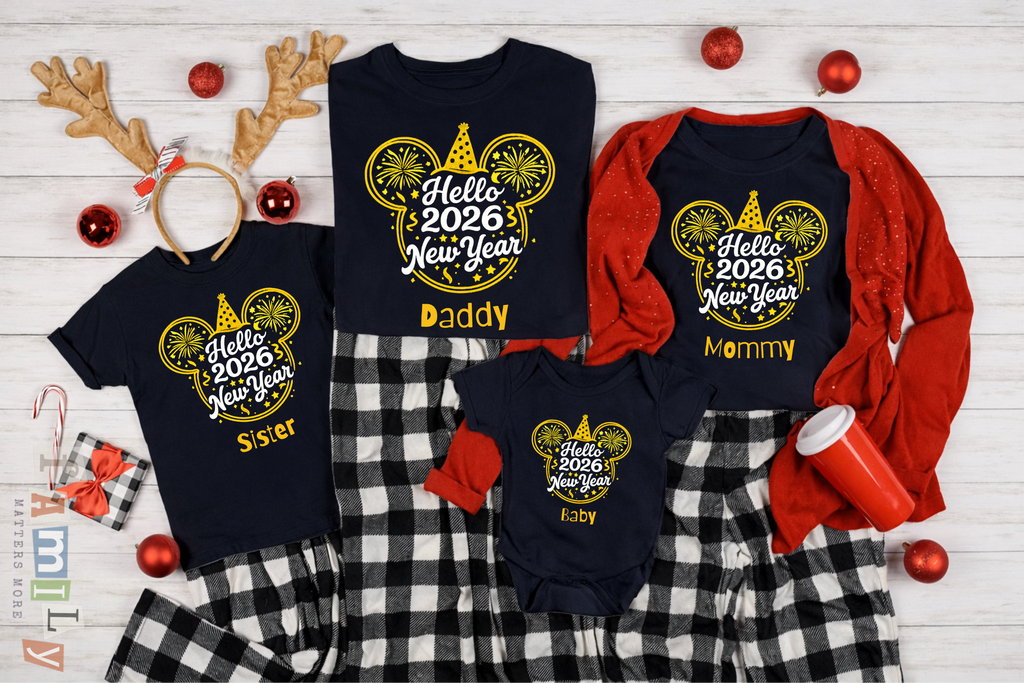 Hello 2026 Mouse Ears Family Shirts, Personalized New Year Matching Tees, Custom Mommy Daddy Sister Brother Baby, Unisex Adult Youth Toddler