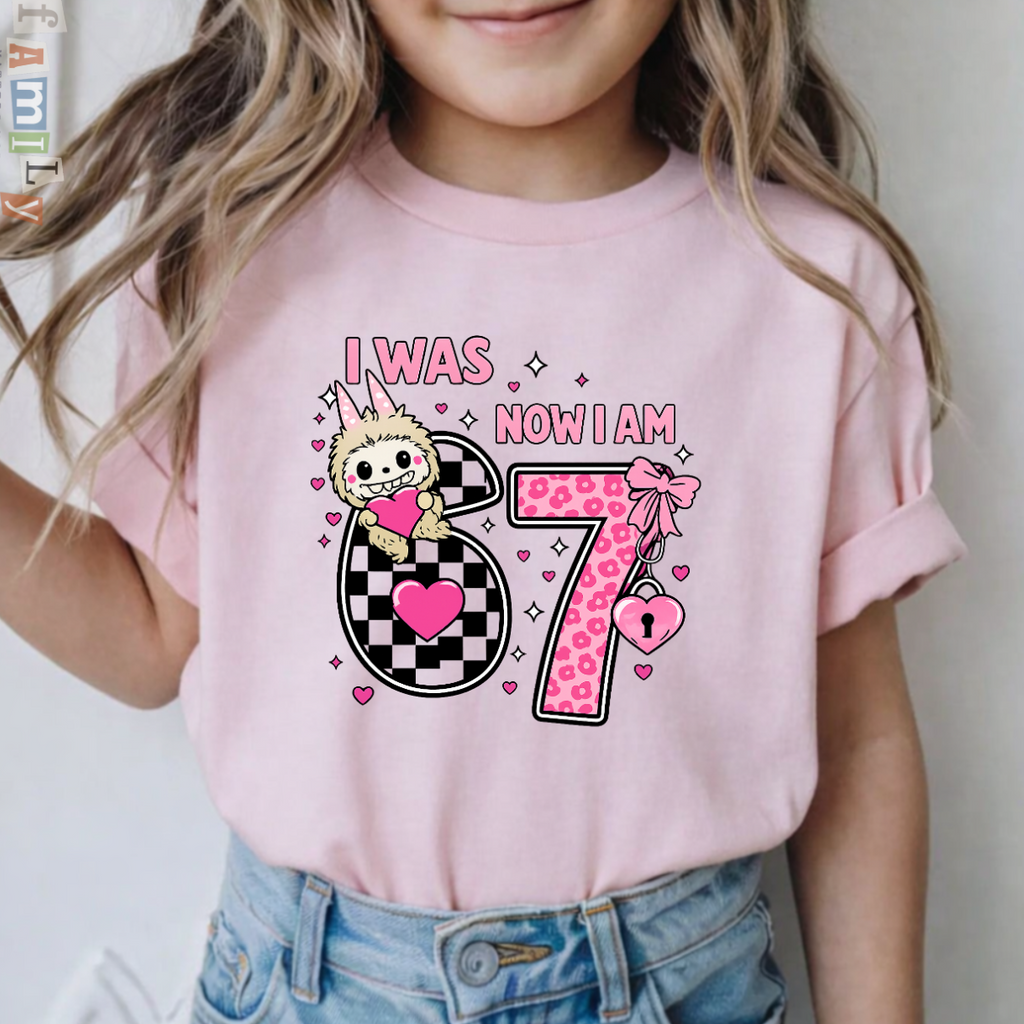 I Was 6 Now I’m 7 Birthday Shirt, January Birthday Girl Tee, Cute Coquette Bunny Bow & Hearts, Kids Toddler Youth Unisex Party Gift