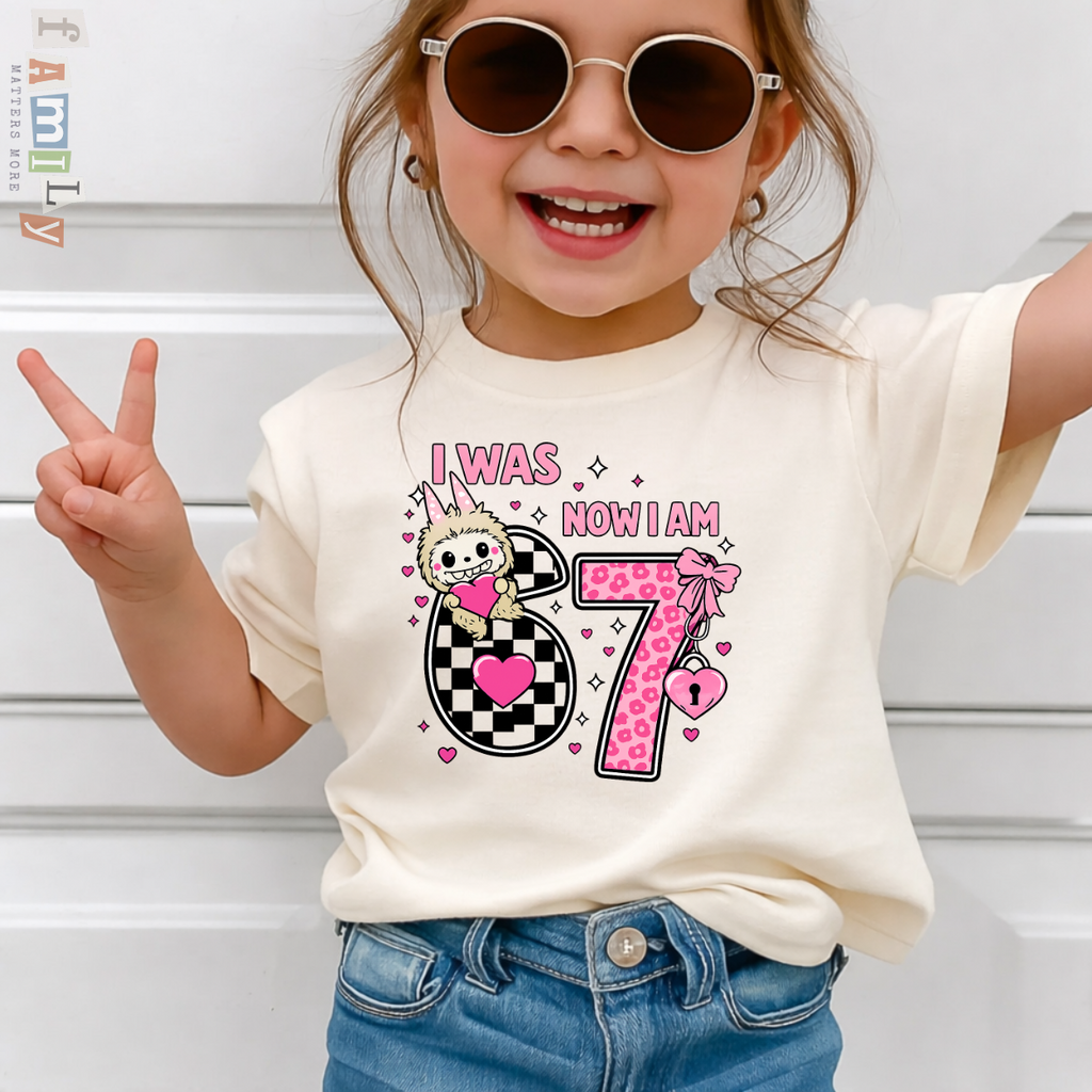 I Was 6 Now I’m 7 Birthday Shirt, January Birthday Girl Tee, Cute Coquette Bunny Bow & Hearts, Kids Toddler Youth Unisex Party Gift