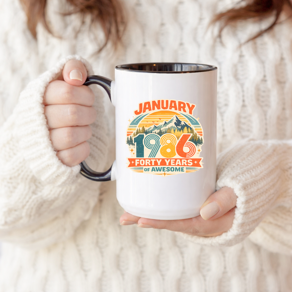 40th Birthday Retro Coffee Mug, Born In 1986 Customized Birthday Gift, 40 Years Party Gift for Her And Him, Forty 40s Bday Tea Cup