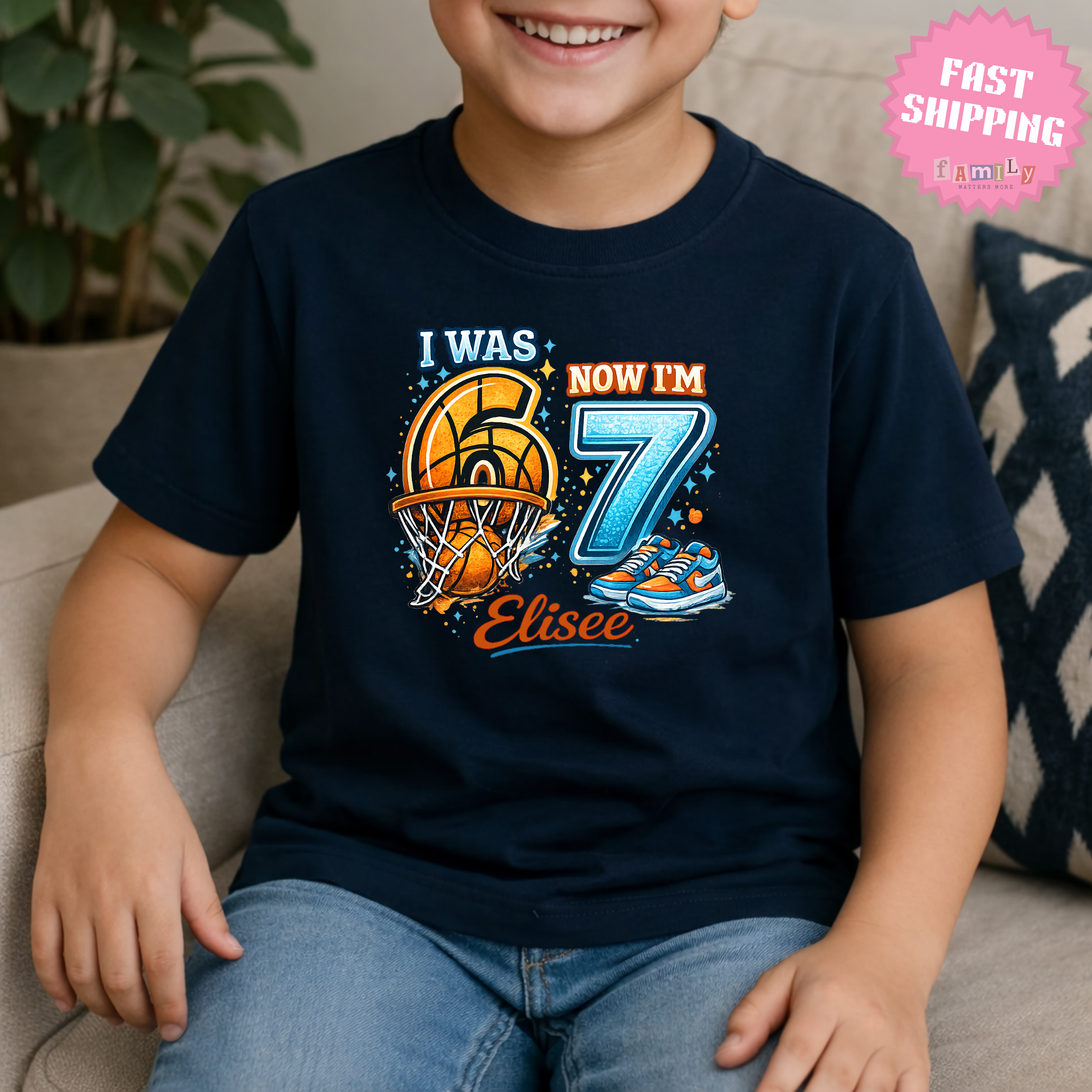 I Was 6 Now I’m 7 Basketball Birthday Shirt, Personalized Name 7th Birthday Boy Tee, Youth Kids Sports Party Gift, Custom Age, 6 7 Tshirt