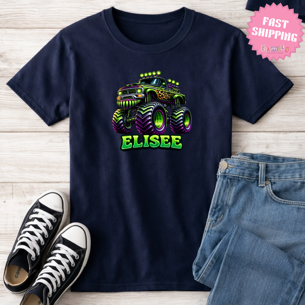 Custom Name Monster Truck Toddler T-Shirt, Personalized Boys Monster Truck Tee, Green and Purple Truck Kids Shirt, Custom Birthday Gift